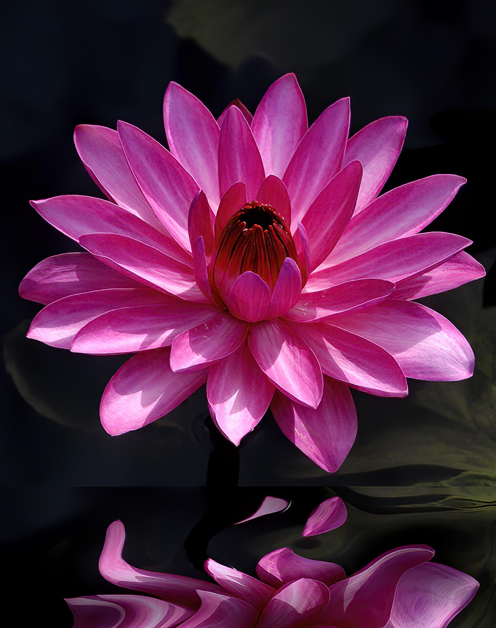 Pink waterlily with pond reflections